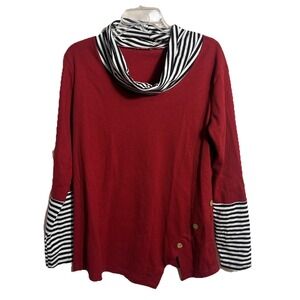 Women's‎ Large Cowl Neck Black White Stripe Red Waffle Knit Tunic Sweater Blouse